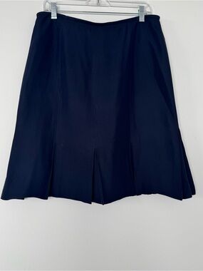 Talbots Silk Blend Midi Skirt Womens 14 Navy Blue Pleated Drop Hem A-Line Lined
